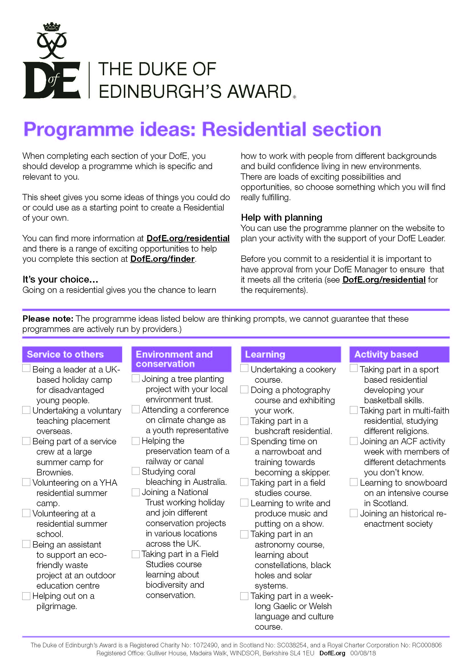 programme ideas - Residential Section